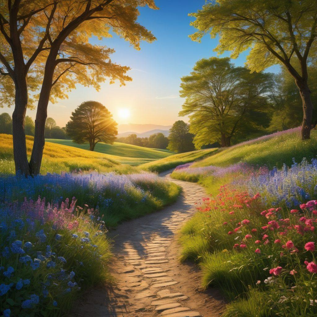 A serene landscape depicting winding paths leading through vibrant fields of blooming flowers under a radiant blue sky. Along the paths, silhouettes of diverse individuals joyfully engaging in activities like jogging, meditating, and dancing, representing different aspects of personal growth and happiness. Soft, warm sunlight filters through the trees, illuminating the scene creating an inviting atmosphere. super-realistic. vibrant colors. peaceful ambiance.