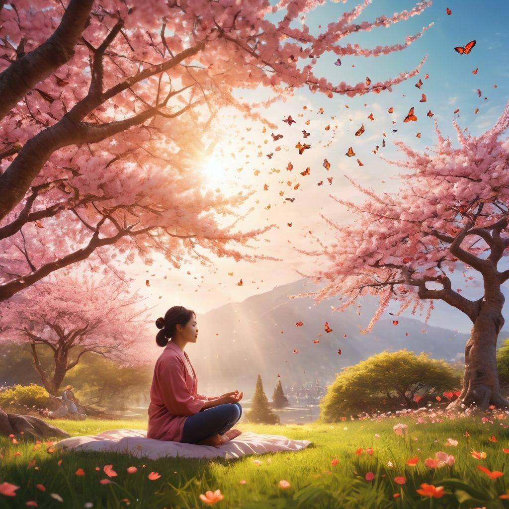 A serene landscape featuring a peaceful person meditating under a blooming cherry blossom tree, surrounded by soft sunlight and colorful butterflies, symbolizing uplifting moments in life. Include subtle elements of happiness like floating musical notes and warm, inviting colors. Create a warm and tranquil atmosphere. super-realistic. vibrant colors. soft focus.