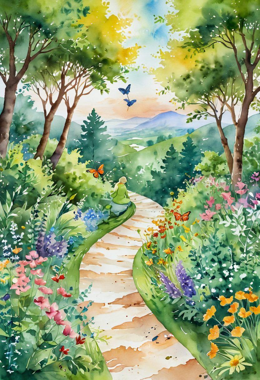 A bright, winding path through a lush green landscape, dotted with blooming flowers symbolizing happiness and contentment. At the end of the path, a sunrise illuminates a serene figure meditating, embodying joy and tranquility. Include whimsical elements like butterflies and birds, representing freedom and positivity. Soft and vibrant colors create an uplifting atmosphere. watercolor art. vibrant colors. white background.